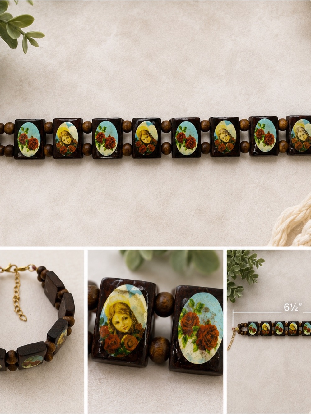 Vintage Style Religious Wooden Bracelet Madonna Rose Catholic 6.5”